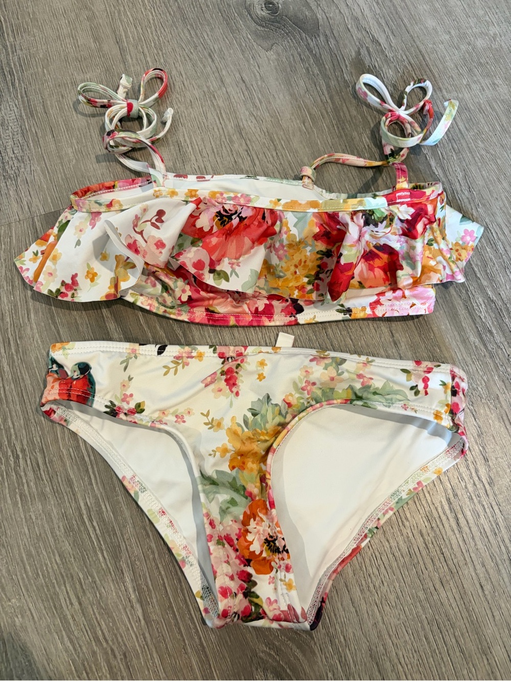 Zimmermann Girls White Floral Ruffle Bikini with Red, Pink, Yellow Flowers